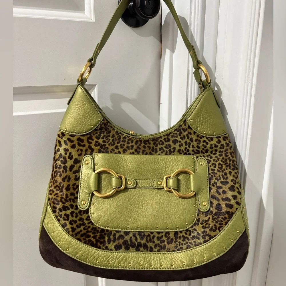 Cole Haan Stephanie Leopard Haircalf Hobo Bag Moss Green Leather NWT $395